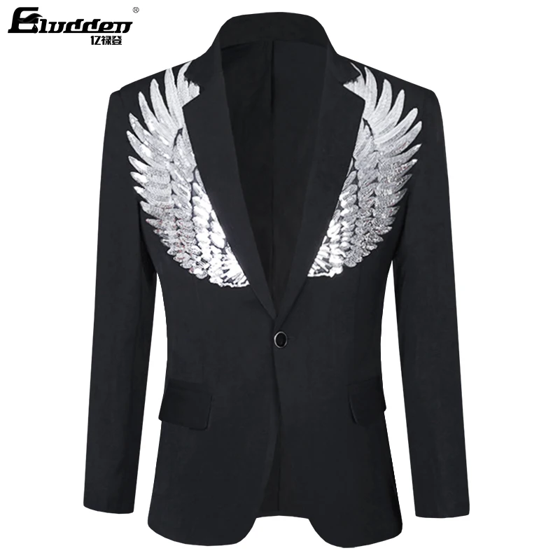 Men Sequins Patch Wings Blazer Masculino Slim Fit Suit Jacket Male Blazer Sequins tinsel Homme Gold Silver wings Stage Stagewear