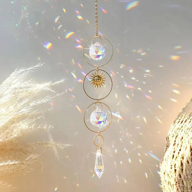 1Pc Golden Sun Crystal Charm Handmade Sunshine Collection Crafts HomeWind ChimeHanging Decoration Outdoor Wedding Party Supplies