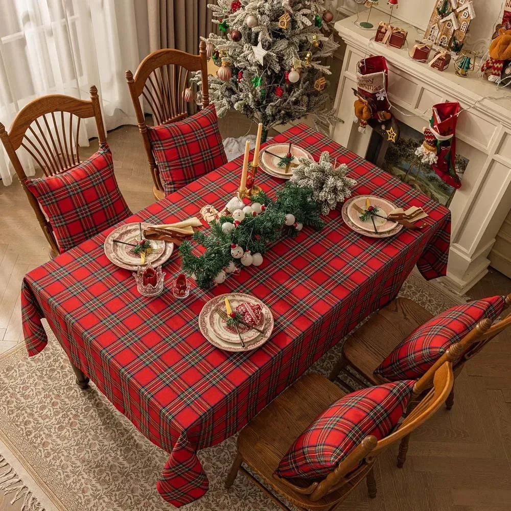 Plaid Tablecloth Christmas Red Green Rectangle Party Table Cloth Vintage Dining Table Cover for Home Living Room Xmas Decoration