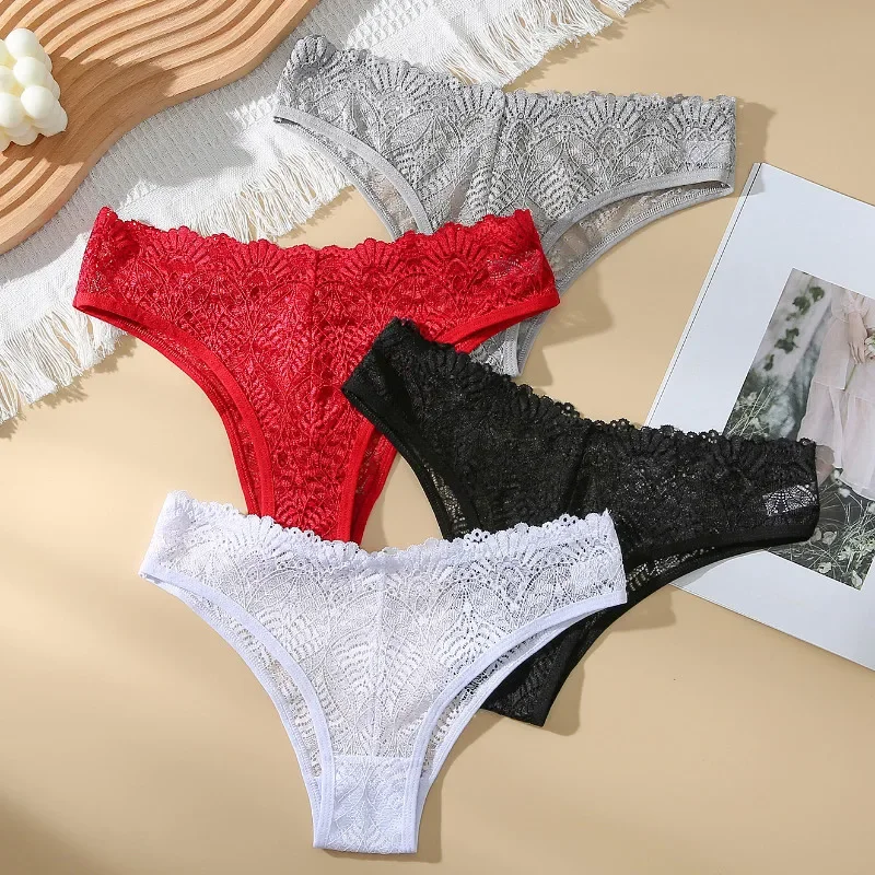 Summer Sexy Hollow Breathable Women Lace Underwear Low Waisted Solid Color Seductive Embroidery Fashion Panties Comfort Thongs