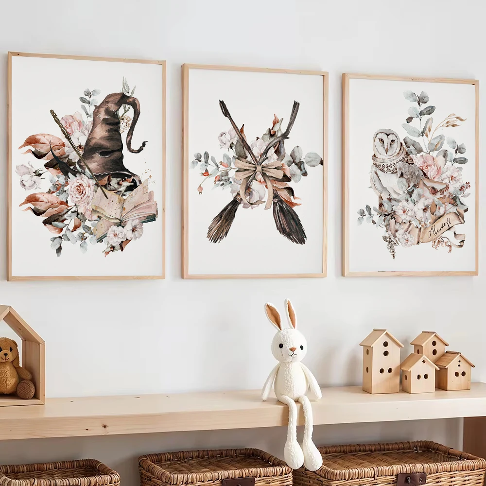 1pc frameless Canvas Painting Watercolor Magical Owl Posters Whimsical Wizard Magic School Nursery Canvas Painting Print Kids Ro