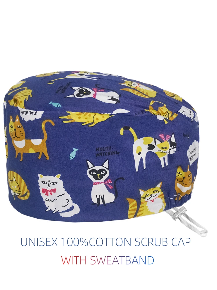 New Buckle Bouffant Cap Cartoon Print Nurse Doctor Surgical Cap Beauty Salon Laboratory Pet Shop Scrub Hat Chef Dustproof Hats