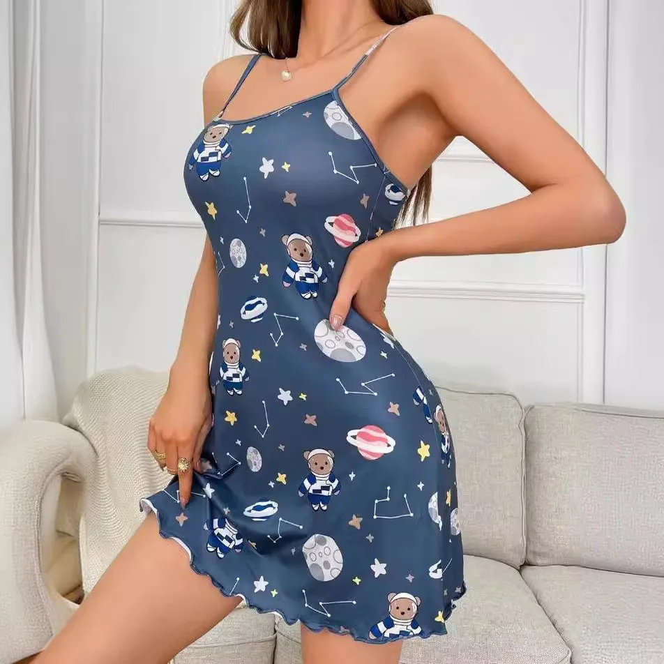 Cartoon Bear & Planet Print Summer Nightgown Casual  U-Neck Backless Frill Trim Slip Dress Women\'s Sleepwear