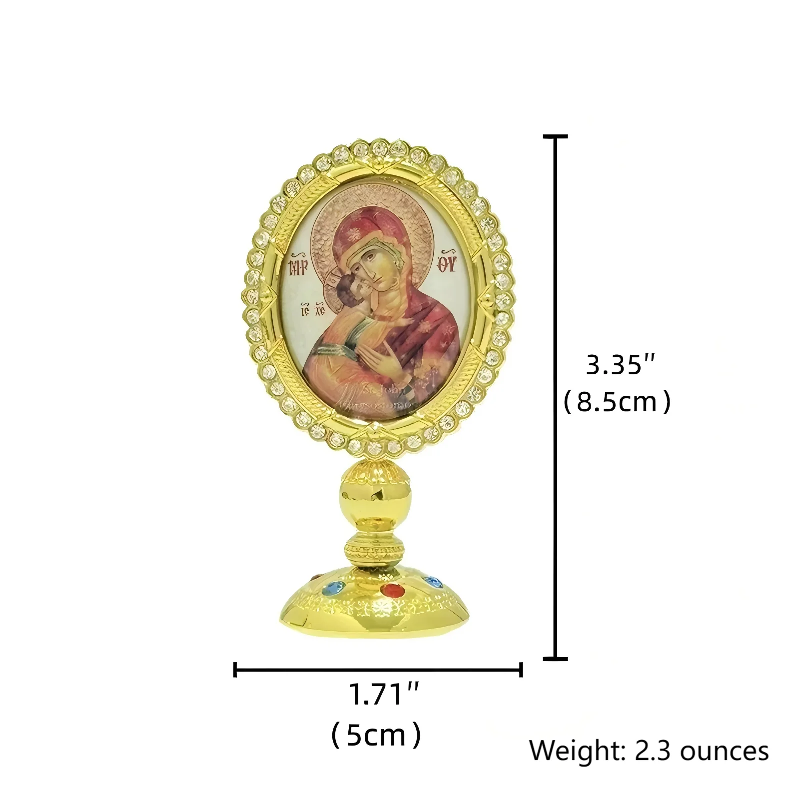 HTISOK 3,35" Ostorthodoxe Ikone mit Zinklegierungs-Strasssteinen & Goldbeschichtung, Jungfrau Maria Heiligen, Aufklebbare Basis für das Armaturenbrett im Auto – Detail 1