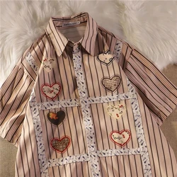 Oversize Shirts Woman Love Stripe Printed Top Korean Fashion Tunic Retro Shirt Fashion Women Sweaters 2024 Women's Summer Tops