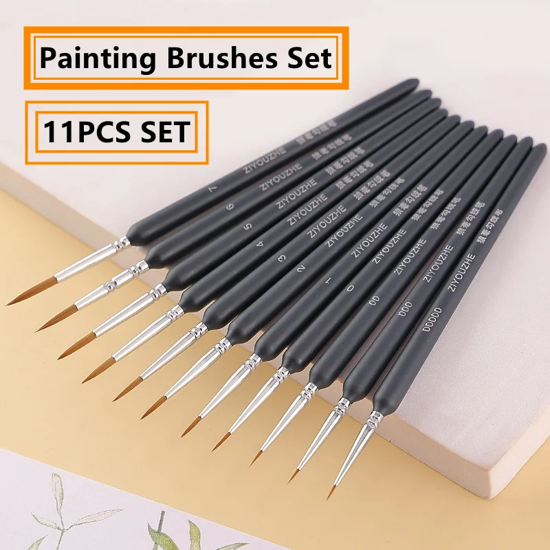 

11Pcs Paint Brushes Hook Line Pen For Watercolor Oil Painting Extra Fine Soft Wolf Hair Hand Brush Acrylic Nail Art Drawing Tool