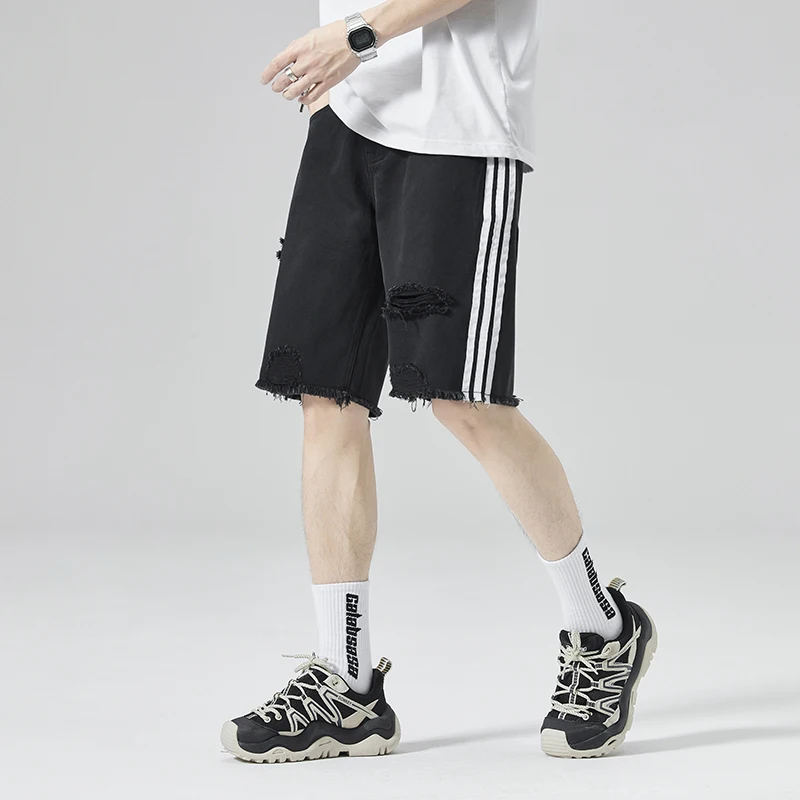 

Premium Vintage Washed Destroyed Black Denim Shorts - American Retro High Street Men's Distressed Raw-Hem Mid-Length Summer