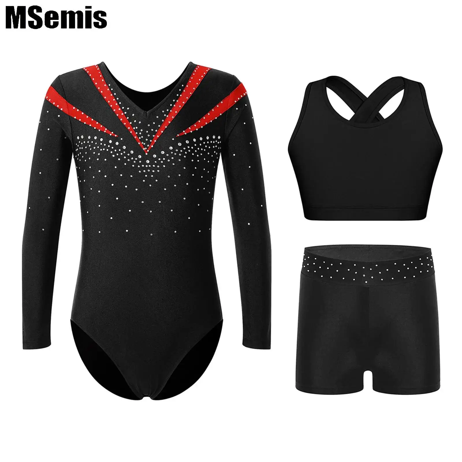 

Kids Girls Gymnastics Ballet Outfit V Neckline Contrast Color Leotard with Cross Back Vest Top And Rhinestones Waistband Shorts