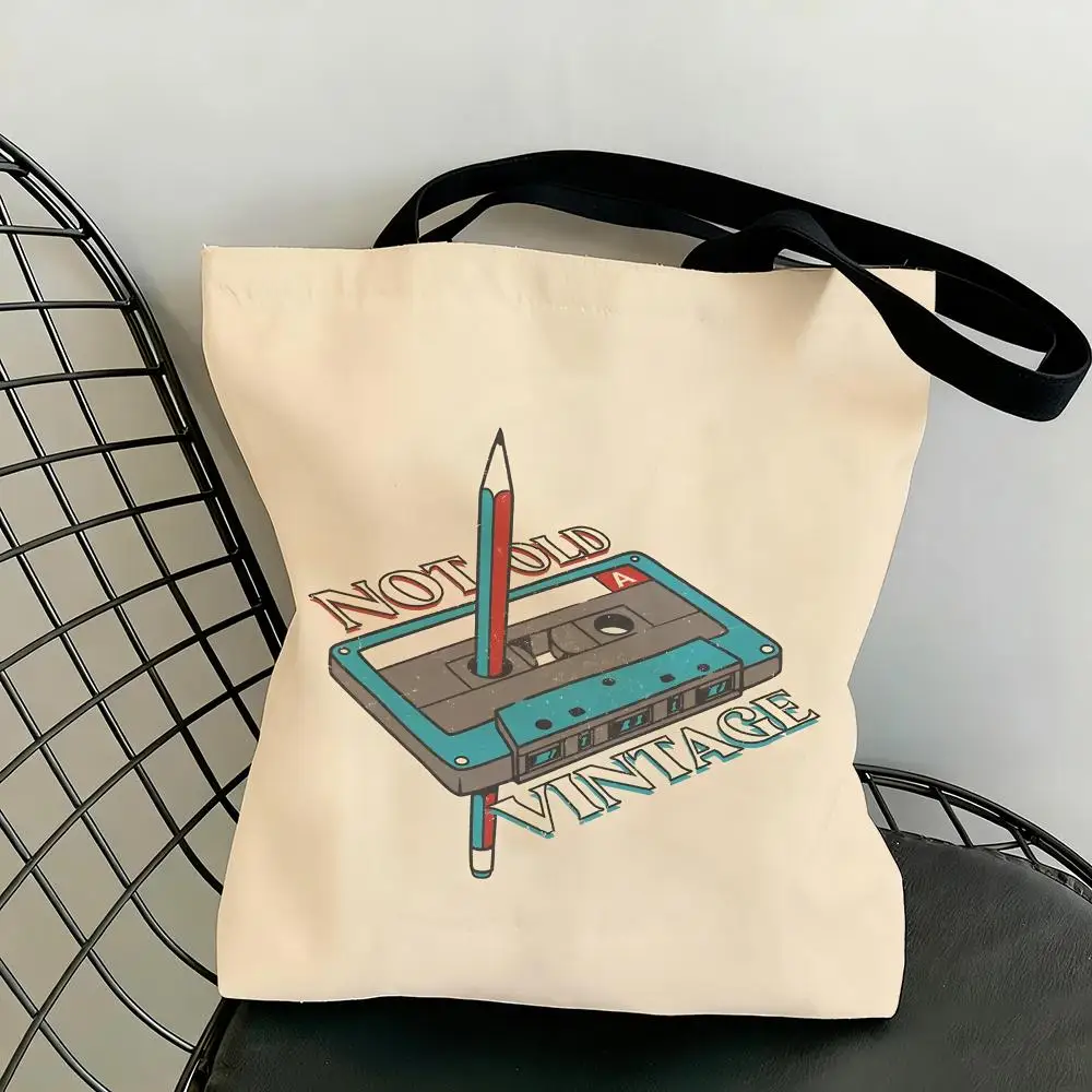 Retro Cassette Tape Storage Bags Lightweight Canvas Tote Bag Large Capacity Shoulder Shopper Fashion Eco Multi-Purpose Handbag