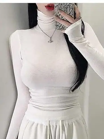 Soft Skin-Friendly High-Neck Sexy Women's T-Shirt Close-Fitting Base Layer Micro-Permeable Cotton Blend Long Sleeve Crew Neck