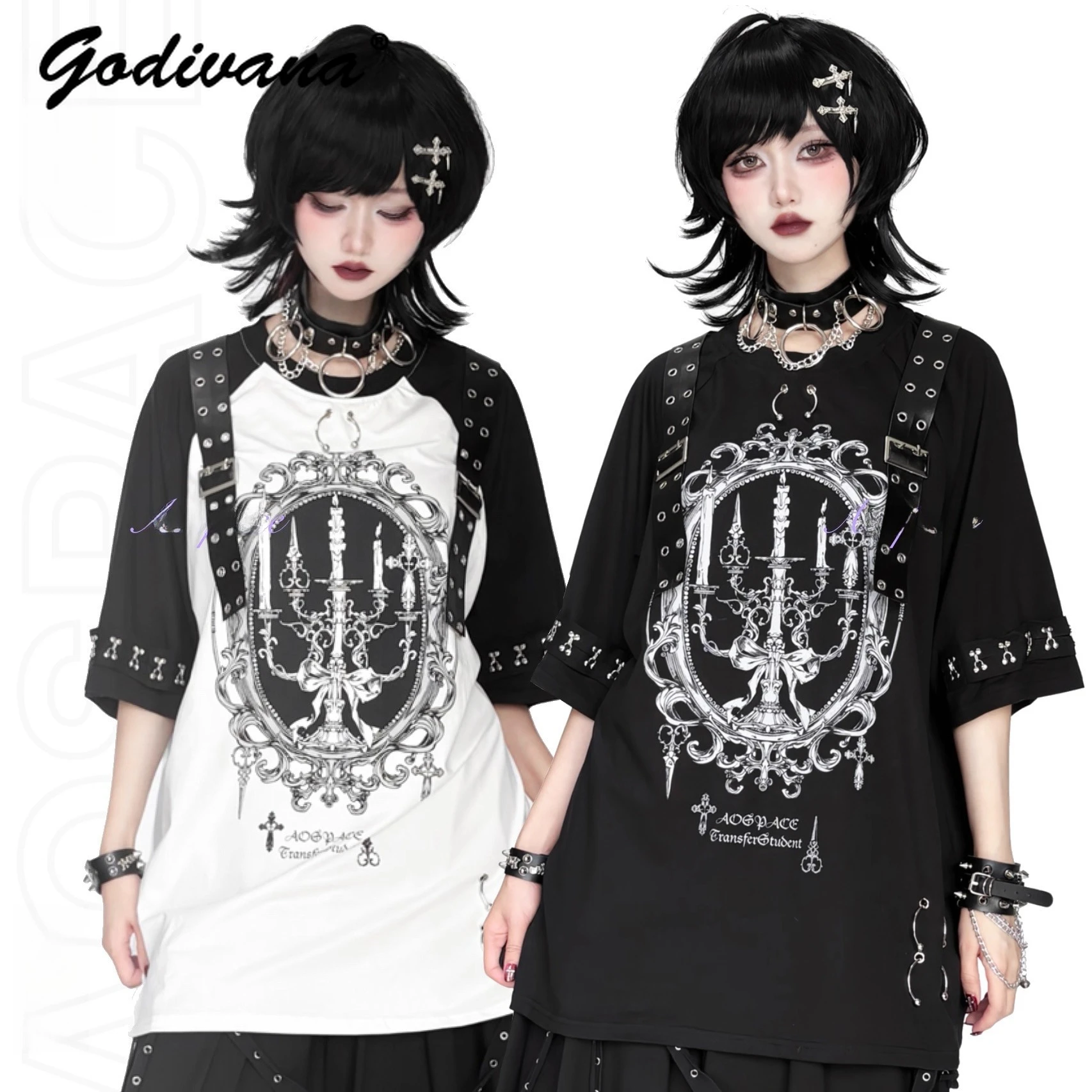 

Original New Summer Subculture Frame Print Belt Decorated Short Sleeve Y2k T-shirt Female Girls Gothic Tee Loose Tops