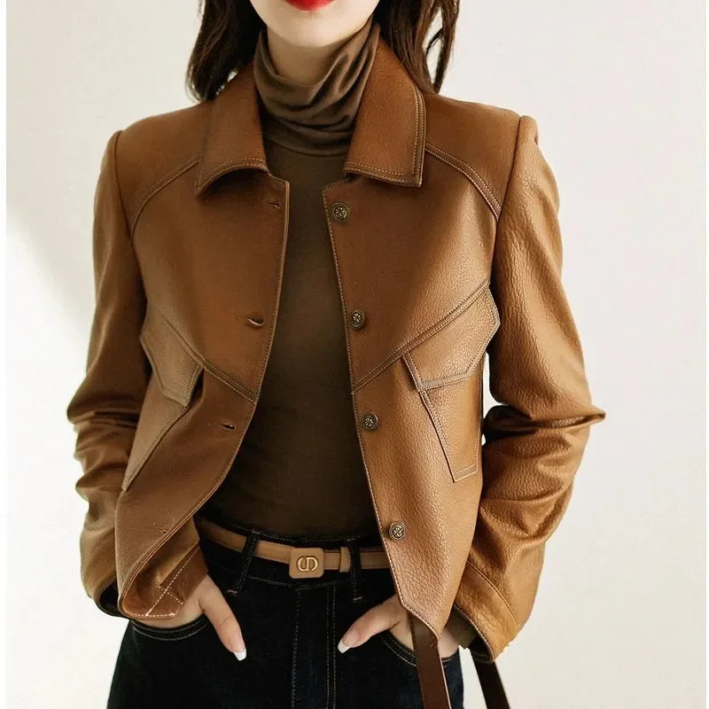 Caramel Black Leather Jacket Women Spring Autumn Jackets Fashion Pocket PU Leather Coat Single-Breasted Coat Female Outwear