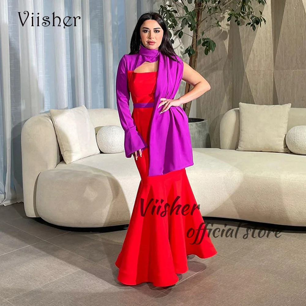 

Viisher Red Purple Mermaid Evening Dresses One Sleeve Strapless Arabic Dubai Celebrate Event Dress Floor Length Formal Prom Gown