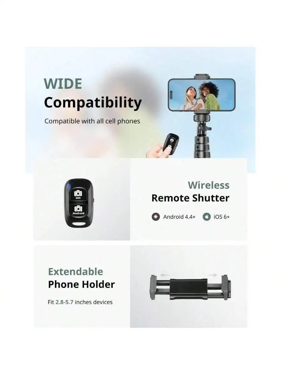 

Extendable Phone Tripod With Wireless Remote Shutter And Adjustable Phone Holder For Smartphones