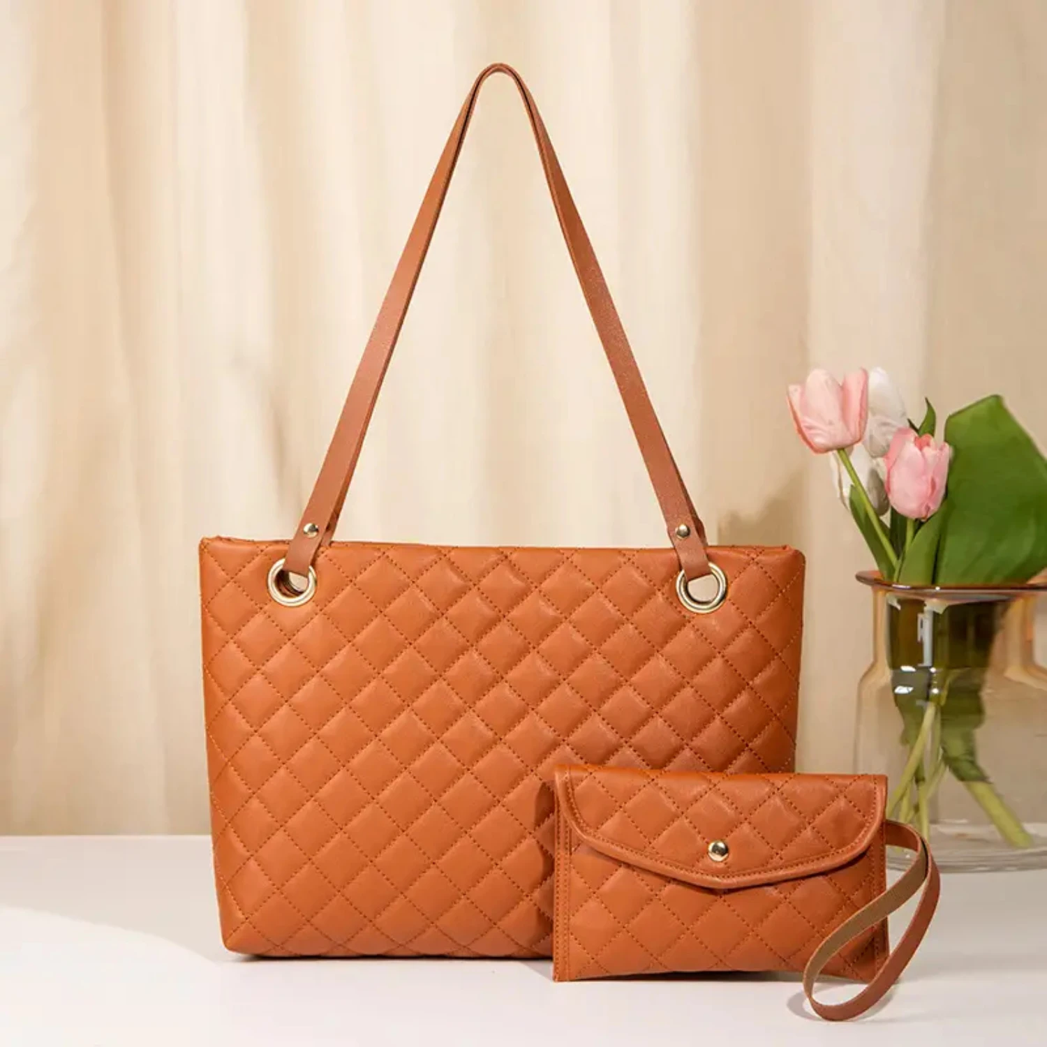 

Elegant Quilted Tote Bag, Women's Trendy Faux Leather Handbag Casual Shoulder Bag With Coin Purse