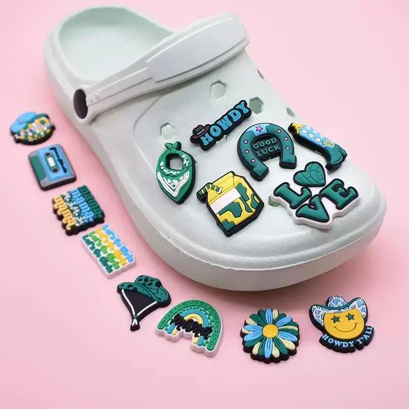 Western Cowgirl Shoe Charms Green Leopard Print PVC Shoe Decorations DIY Clog Sandals Shoe Buckles Accessories for Girls Women P