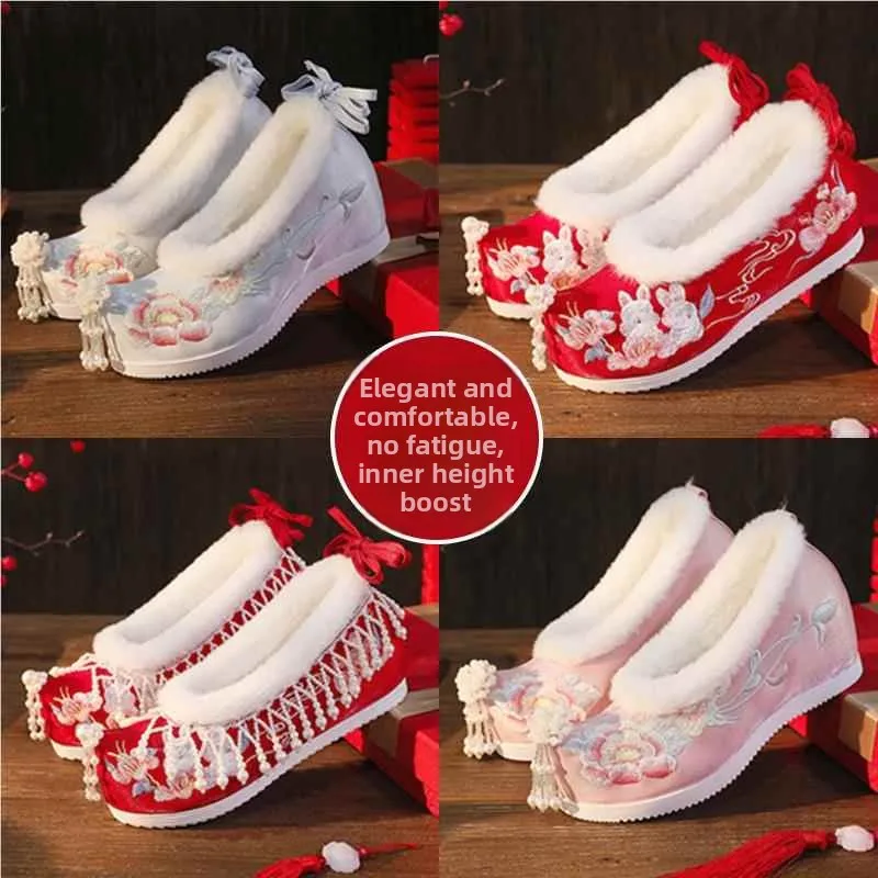 Women's Hanfu Shoes Embroidered Fleece Lined Inner Heightening Spring Autumn Beijing Ancient Costume Cotton Shoes Retro Style