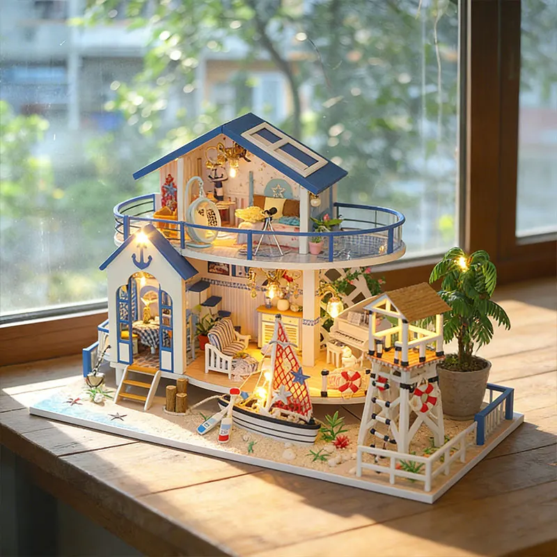 Zuuton Ocean Seaside DIY Miniature Dollhouse Kit Two Floor Wooden Assembled Beach House Model With LED Light Handmade Craft Gift