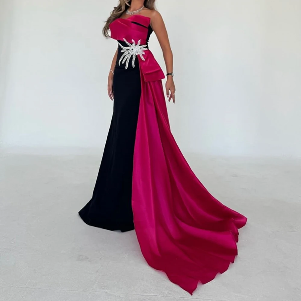 Strapless Sleeveless Jersey Floor Length Straight Evening Dress Panel Train Crystal Temperament Photo Color Saudi Arabia 2024