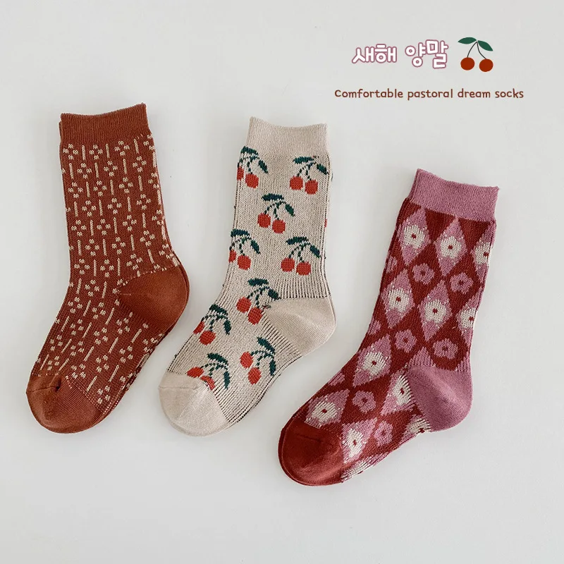 Children Socks Autumn Winter Girls Socks Kids Fruit Cherry Flowers Pattern Calf Length Cotton Socks Boys