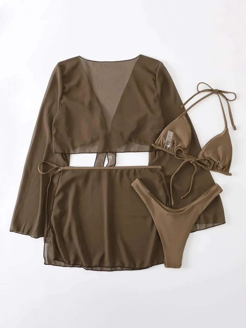 レースアップトライアングルビキニ水着2025女性用カバーアップトップとビーチスカート水着女性用水着夏4点セット