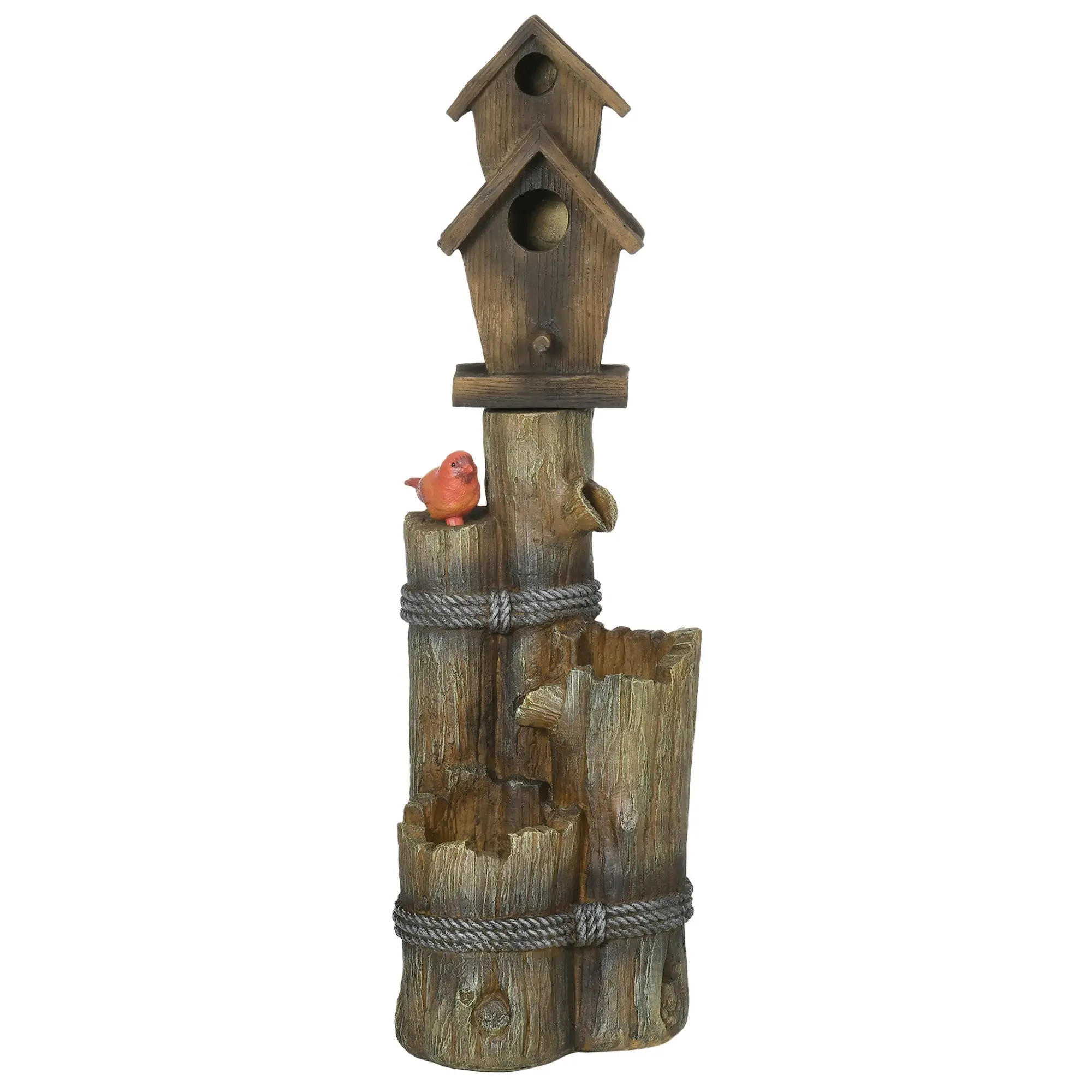 

Outsunny Outdoor Fountain with Birdhouse, Cascading Garden Waterfall Bird Bath with 3-Tier Rustic Tree Trunk & LED Lights