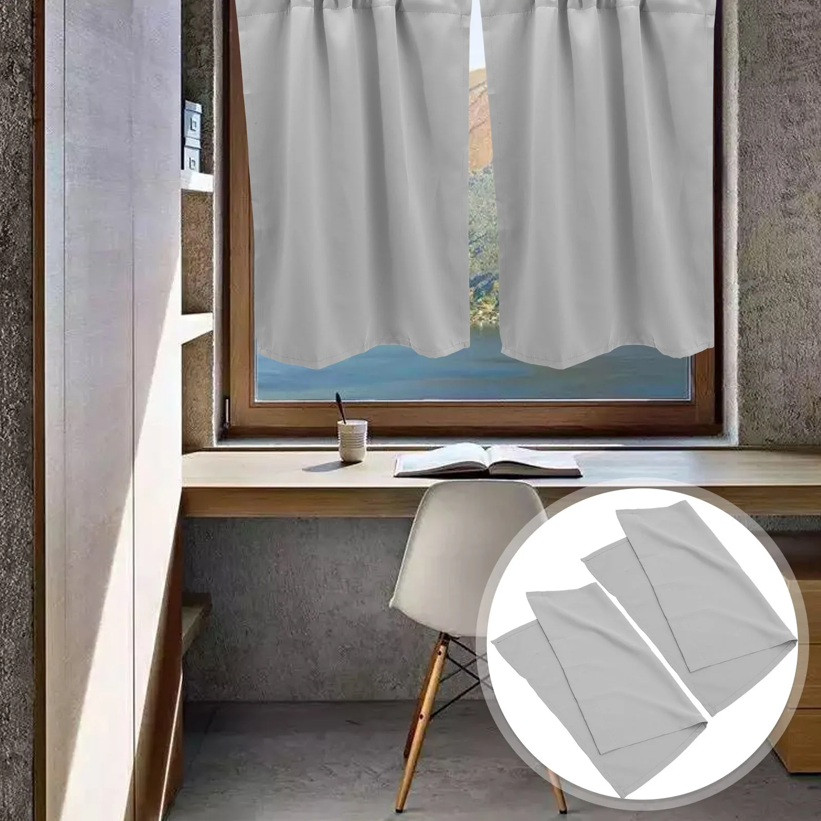 

2Pcs Kitchen Curtains Gray Valance Short Curtain Fabric Rustic Style Window Covering Privacy Protection for Kitchen Bathroom