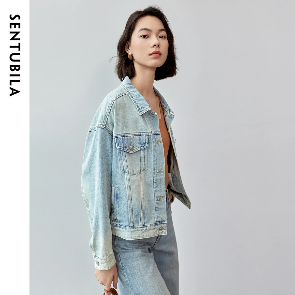 SENTUBILA Washed Cotton Denim Coat Women Autumn 2024 Fashion Loose Fit Long Sleeve Cropped Jackets Ladies Tops W43W57374X