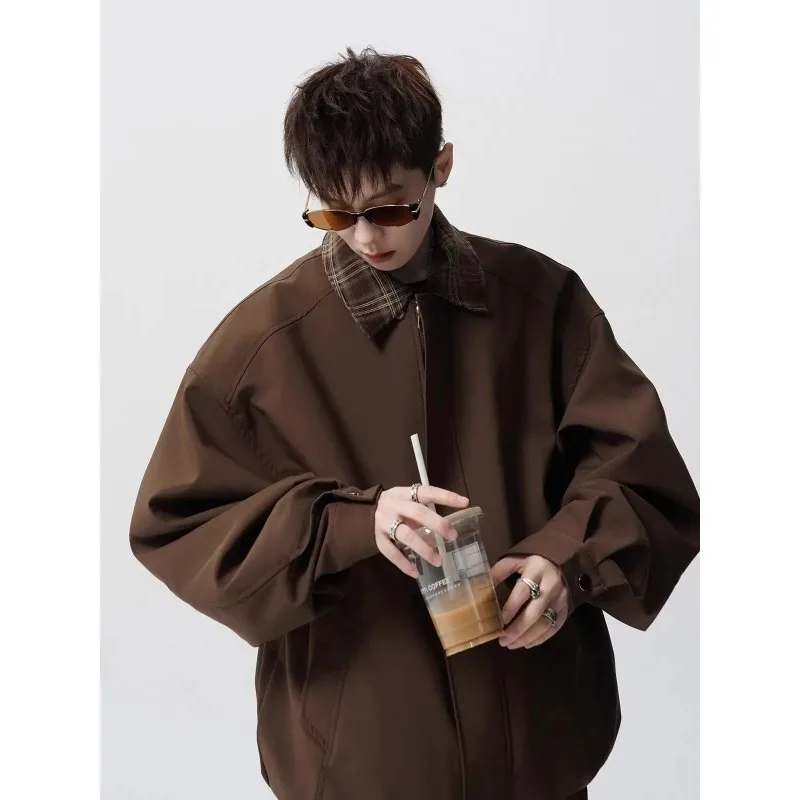 Bruin vluchtjack Vissersjack Heren herfst en winter Nieuw casual patchwork nep tweedelige jas Retro high-end reversjack