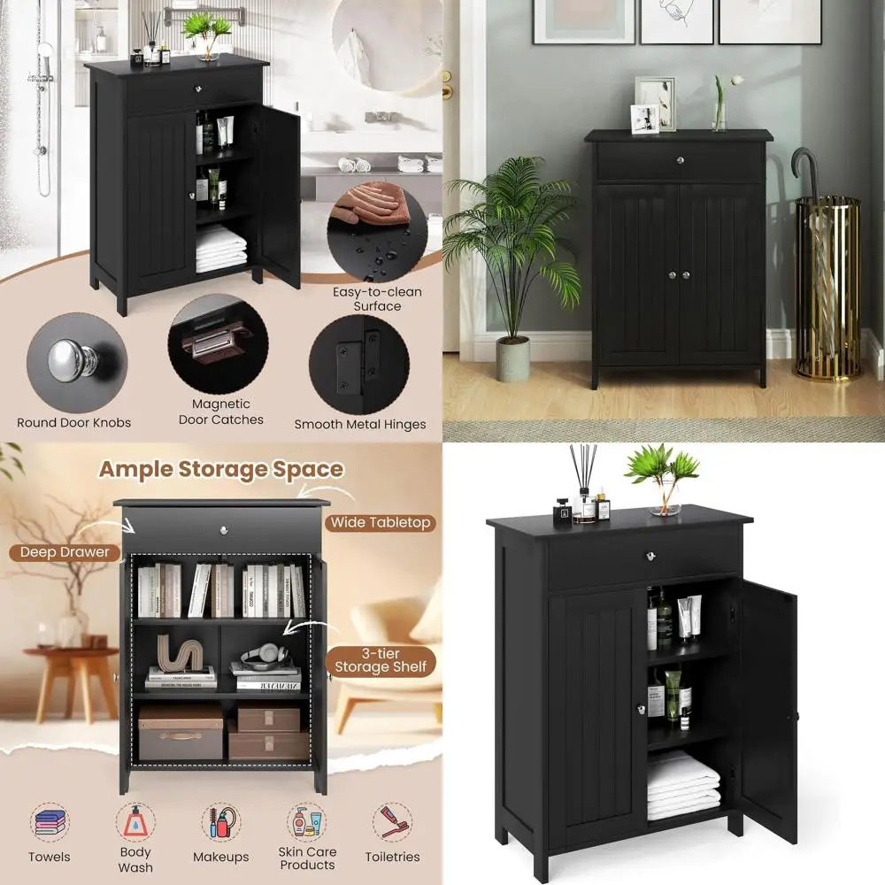 

Modern Black Freestanding Bathroom Cabinet with 2 Doors, 1 Drawer, and 3 Adjustable Shelves for Storage in Laundry, Entryway, Li