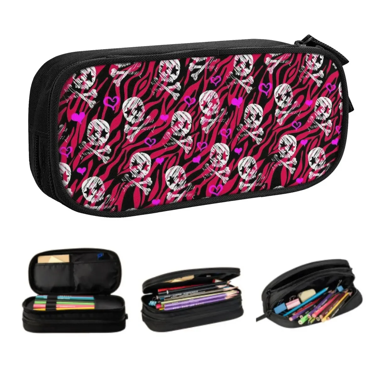 Custom Kawaii Grunge Zebra Star Skull Print Pencil Case for Girl Boy Large Storage Gothic Death Skeleton Pencil Pouch Stationery