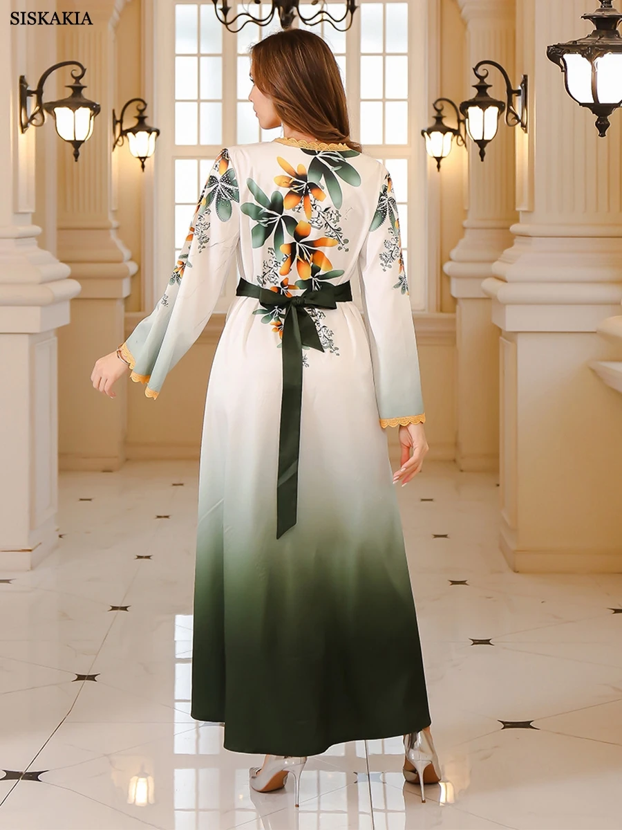 Siskakia Diamonds Arabic Robe Jalabiya V-Neck Floral Dress With Belt For Muslim Woman Dubai Moroccan Elegant Casual Fashion