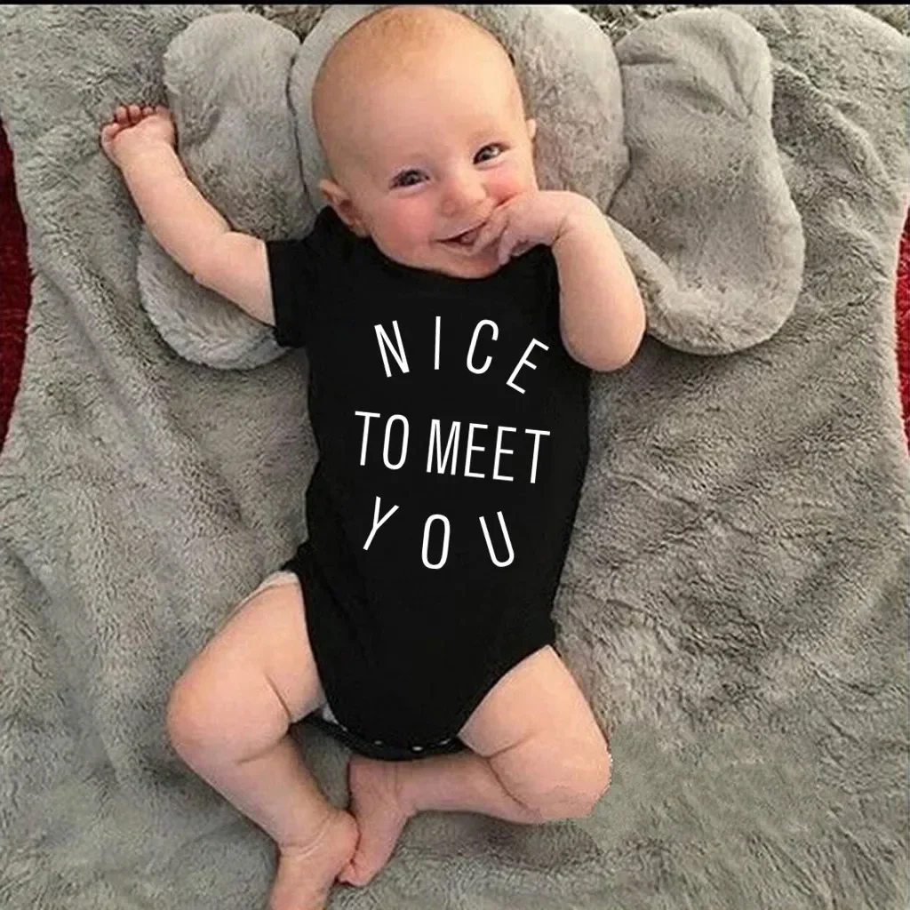 Nice to Meet You Print Newborn Baby Clothing Soft Cotton Short Sleeve Bodysuit Boys Girls Romper Body Pregnancy Reveal Onesies