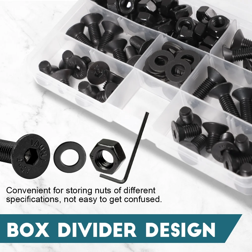 M1.6 M2 M2.5 M3 M4 M5 M6 M8 Flat Head Hex Bolts with Nuts Set 12.9 Grade Black Allen Socket Countersunk Screw and Washer Kit