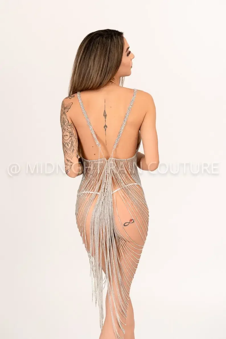 Fashiob Maternity Crystal Diamond Body Chain Dress for Photoshoot Pregnancy Baby Shower Photo Session Rhinestone Gown