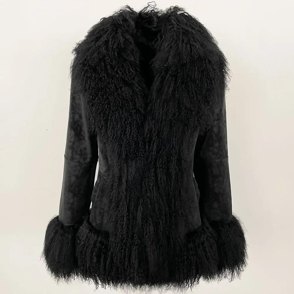 OFTBUY New Winter Warm Curly Mongolia Sheep Fur Jacket Women Vintage Shearling Coat Slim Faux Suede Real Rabbit Fur Clothing