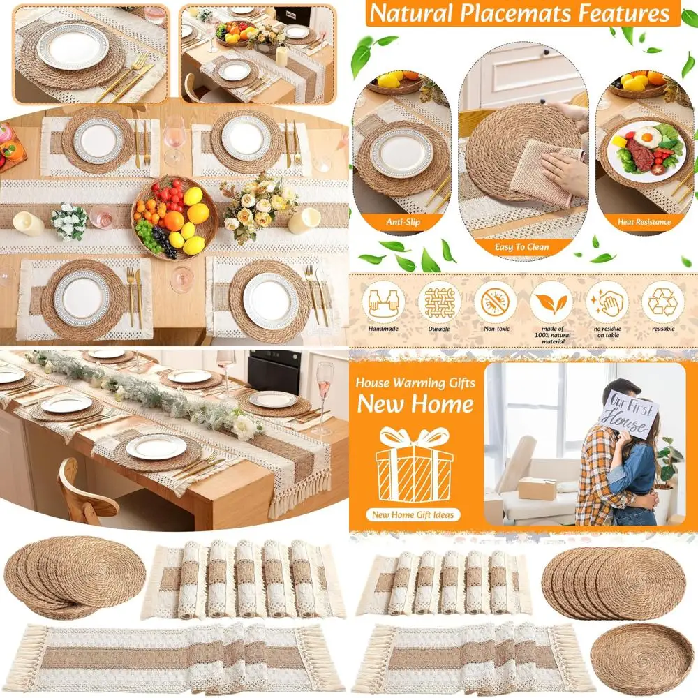 

Round Woven Boho Placemats Set, 6-Pack, Macrame Bicolor Stitching, Natural Burlap Cotton, Farmhouse Style for Kitchen & Dining