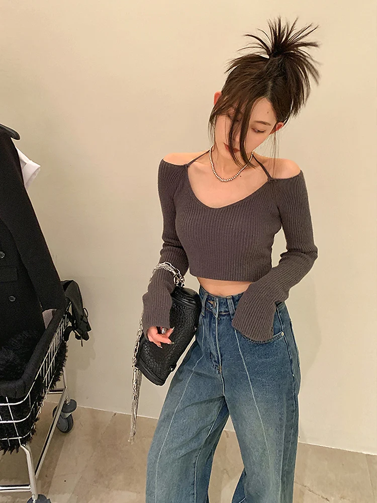 Tonngirls Skinny Slim Sweater Women Long Sleeve Grey Lace Up Knitted Ladies Jumpers Crop Top Korean Style Pullover Autumn Spring