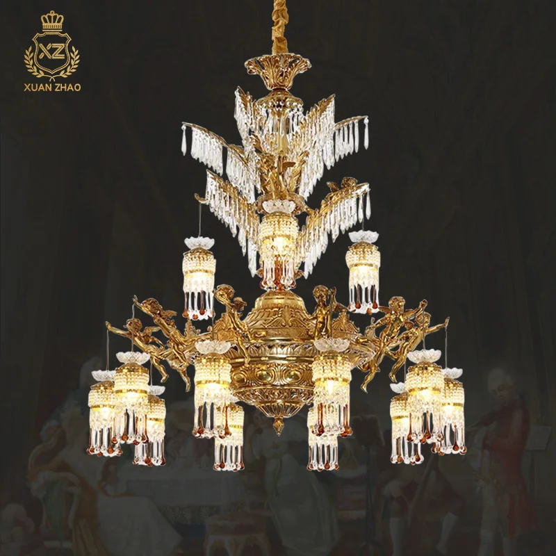 Lustre en cristal en laiton de luxe européen, suspension d'ange rétro, salon, salon, baroque français, villa, duplex, hall, chaussures