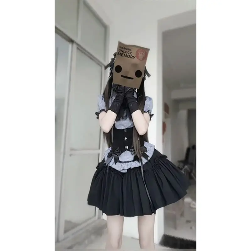 Jirai Kei Dress Set Women Puff Sleeve Corset Top Tiered Ruffle Pleated Mini Skirt Ryousangata Japanese Preppy Daily OOTD Outfit