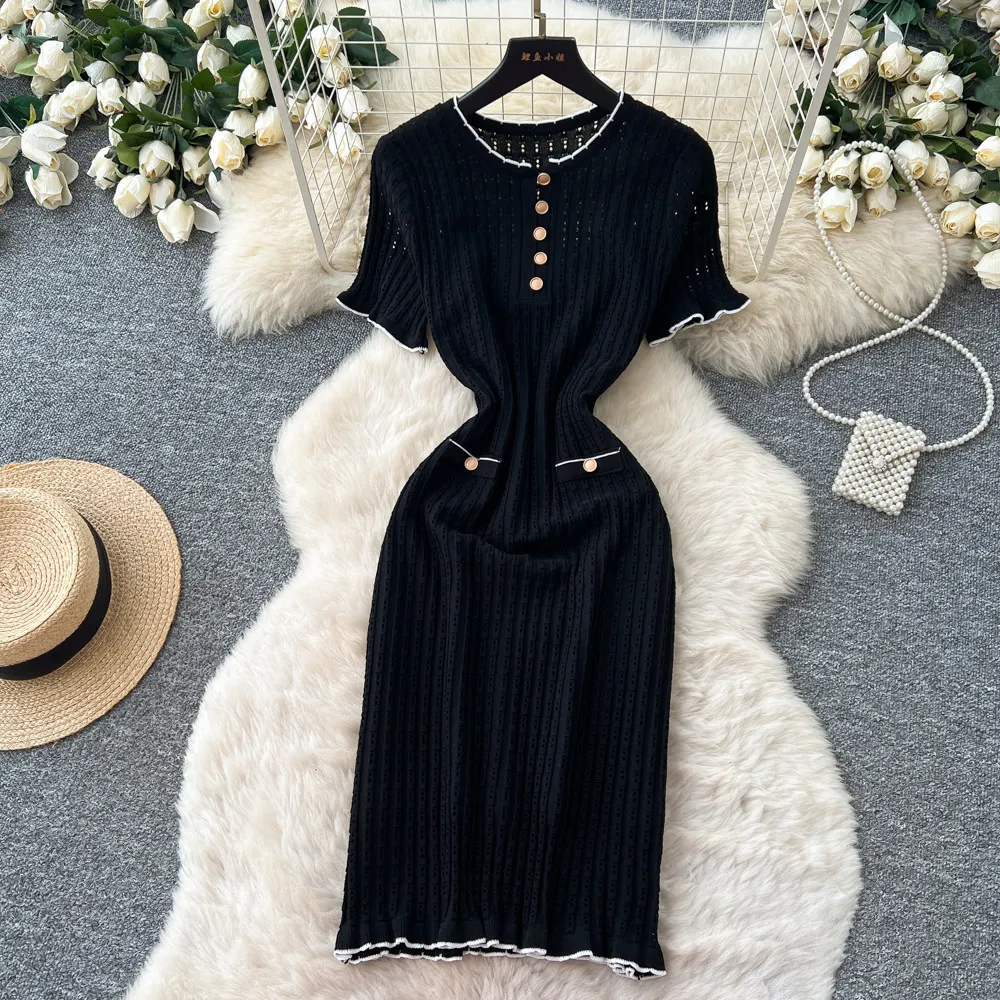 

Women Cut Out Fitted Dresses A Line Spliced Dress Mid Calf Lenth Short Sleeves Waist Cinch Slim Fit Casual Elegant 2026 Summer