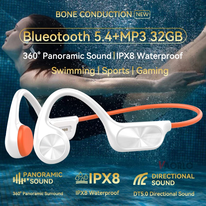 Bone Conduction Bluetooth 5.4 Earphones Wireless IPX8 Waterproof Headset 32GB Memory MP3 Player for Swimming Ear-hook With Mic