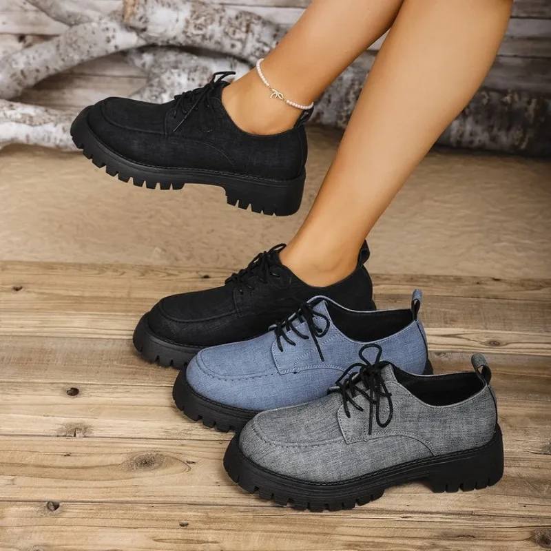 الخريف أزياء زائد حجم المتسكعون النساء مكتنزة منصة الدانتيل متابعة عارضة الأحذية النمط البريطاني مريحة الانزلاق على الأحذية المسطحة #1