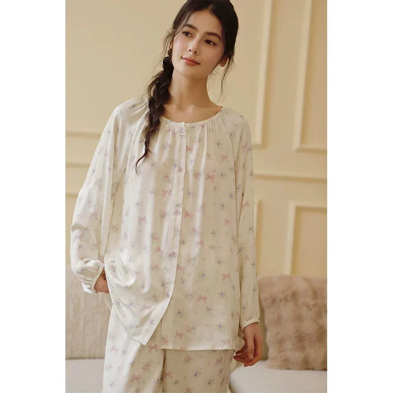 

Новая женская четырехсезонная атласная домашняя одежда из искусственного шелка, милый и милый комплект с длинными рукавами и принтом банта