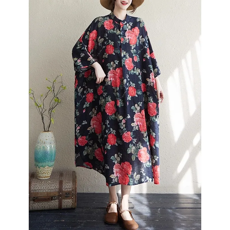 

SuperAen 2025 Summer New Retro Cotton and Linen Printing Stand-up Collar Loose Long Dress Oversize Dress