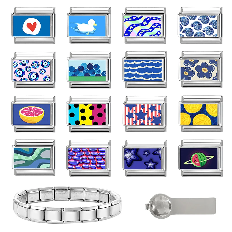 New 1PC Flowers Blue Blueberry Oranges Eyes Italian Charm Link Fit 9mm Stainless Steel Sweet Bracelet Jewelry DIY Making Gifts