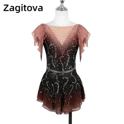 Zagitova Figure Skating Dress For Women Girls Ice Skating Clothes Sleeveless Gradient Brown Short Sleeve Backless Diamonds