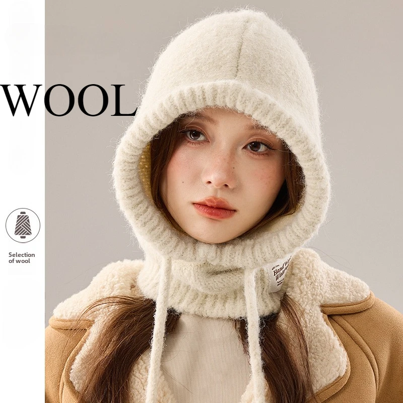 2024 Wool  Knitted Scarf Hood Balaclava Women Cashmere Beanies Winter Unisex Warm Skiing Hat Outdoor Ear Protection Bonnet