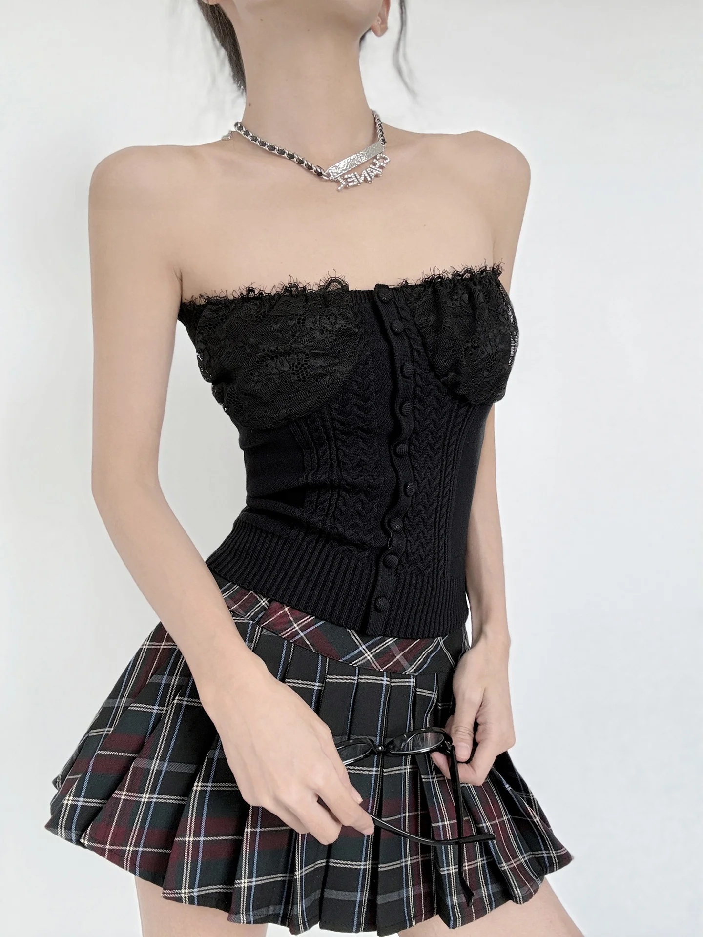MianCun Lace Heart Patchwork Knitted Vest Women's Innerwear Short H-Shape Top Pure Desire Summer Fashion Inner Shirt