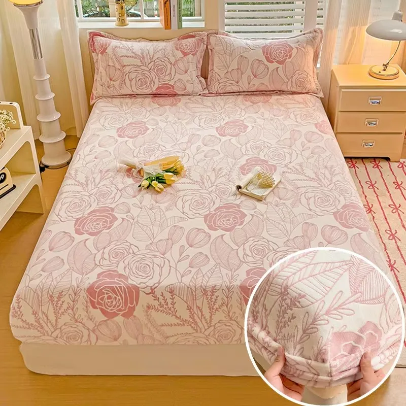

Missdeer Fitted Sheet Skin-friendly Bedsheet Floral Bed Cover Warm Mattress Protector Thick Sheets 침대 시트 (Pillowcase Need Order)